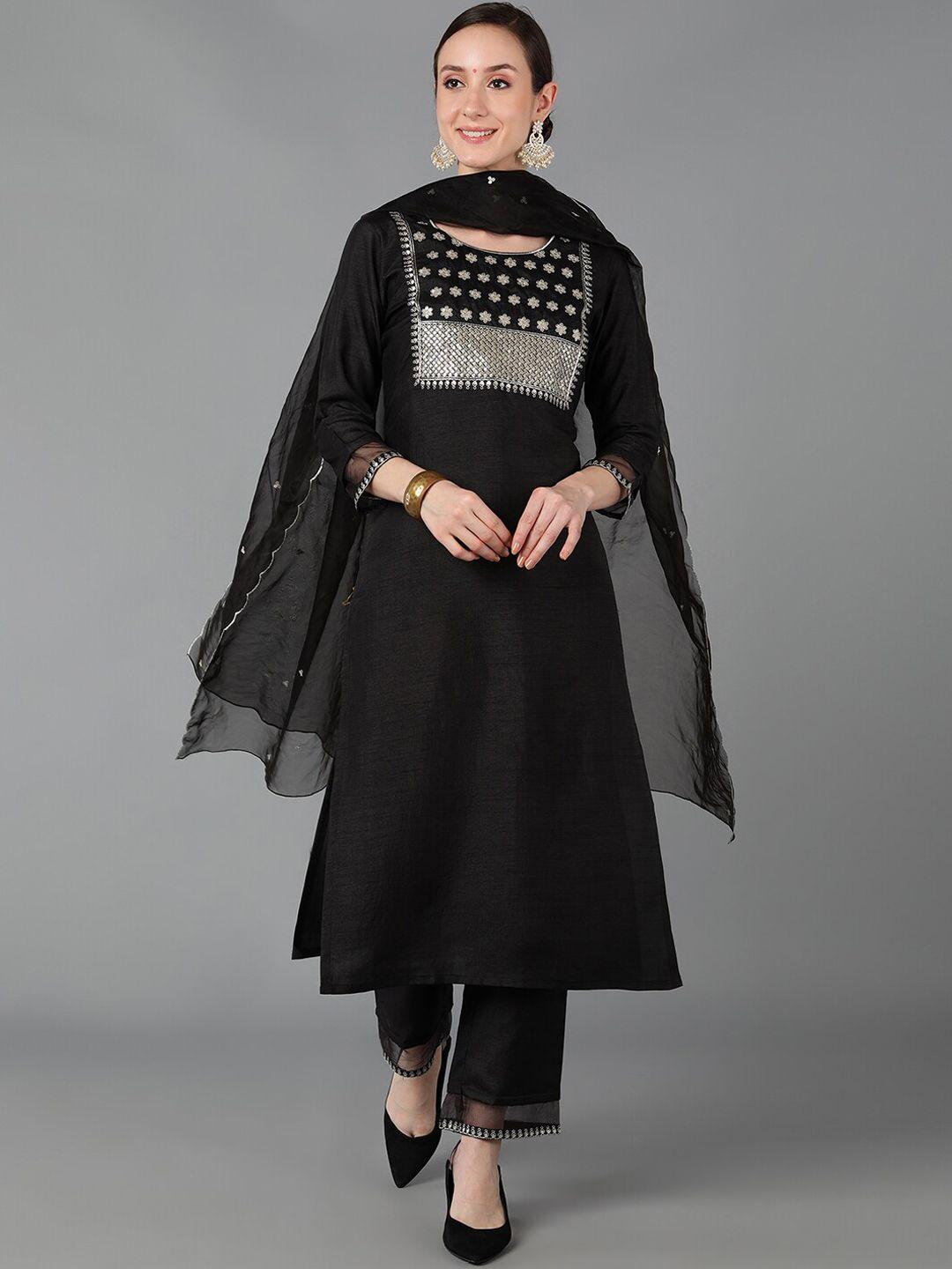 ahika black ethnic motifs yoke design sequinned kurta with trousers & with dupatta
