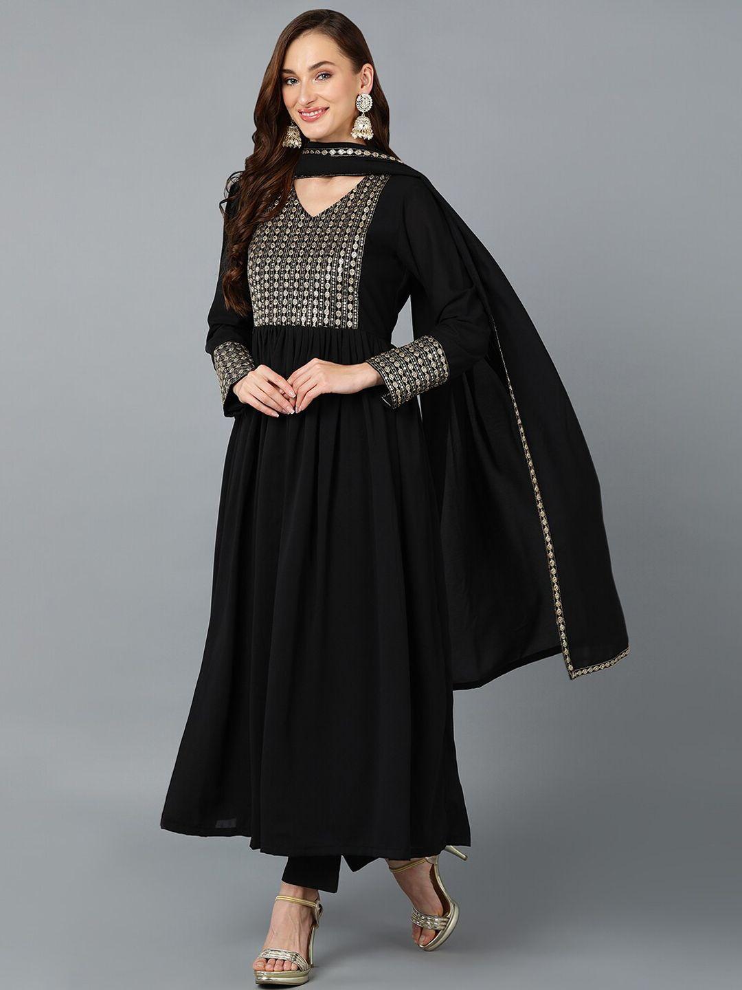 ahika black ethnic motifs yoke embroidered sequined anarkali kurta & trousers with dupatta