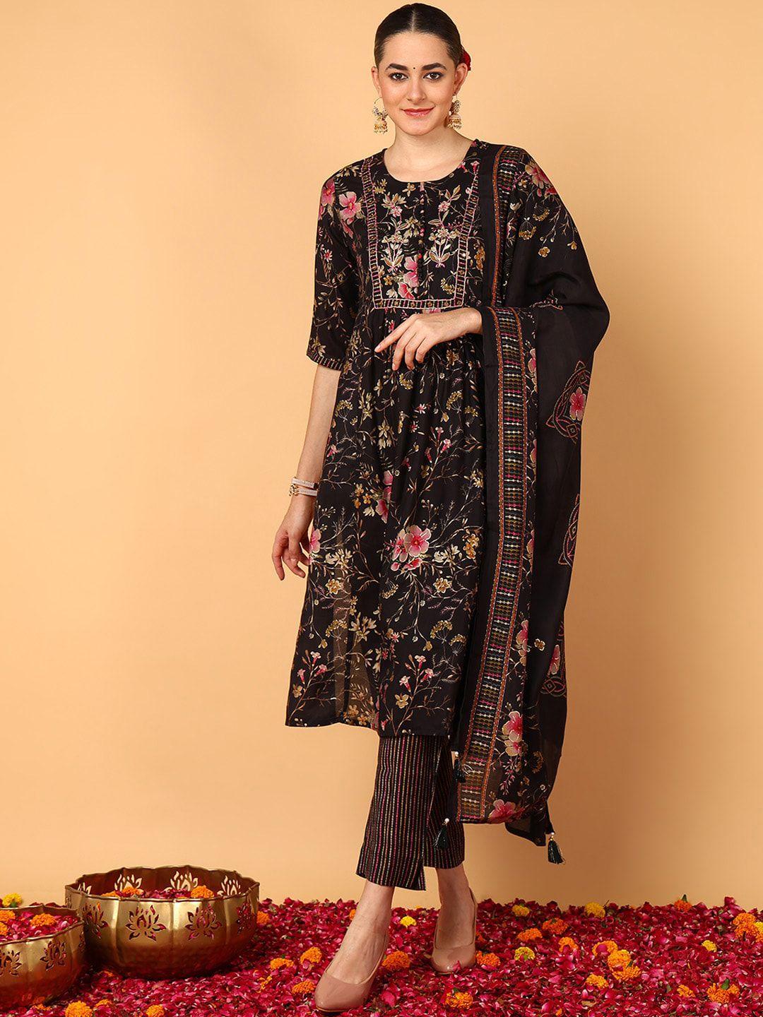 ahika black floral printed regular kurta with trousers & dupatta