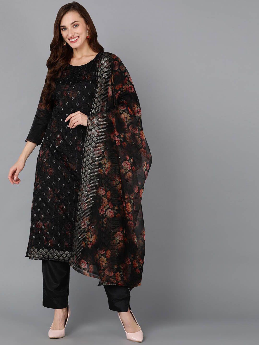 ahika black floral printed thread work sequinned kurta with trousers & dupatta