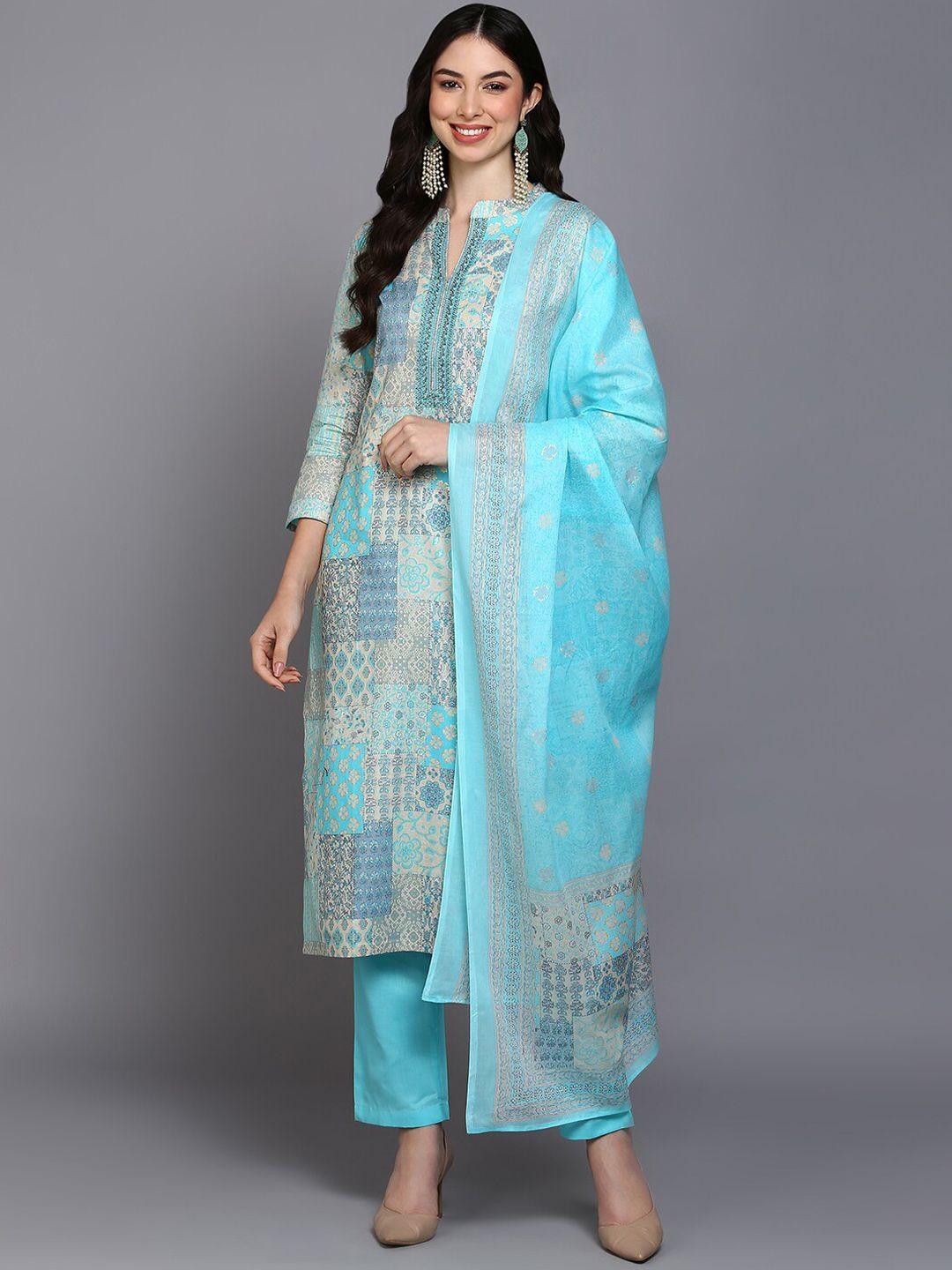 ahika blue & gold-toned ethnic motifs printed pure cotton kurta with trousers & dupatta