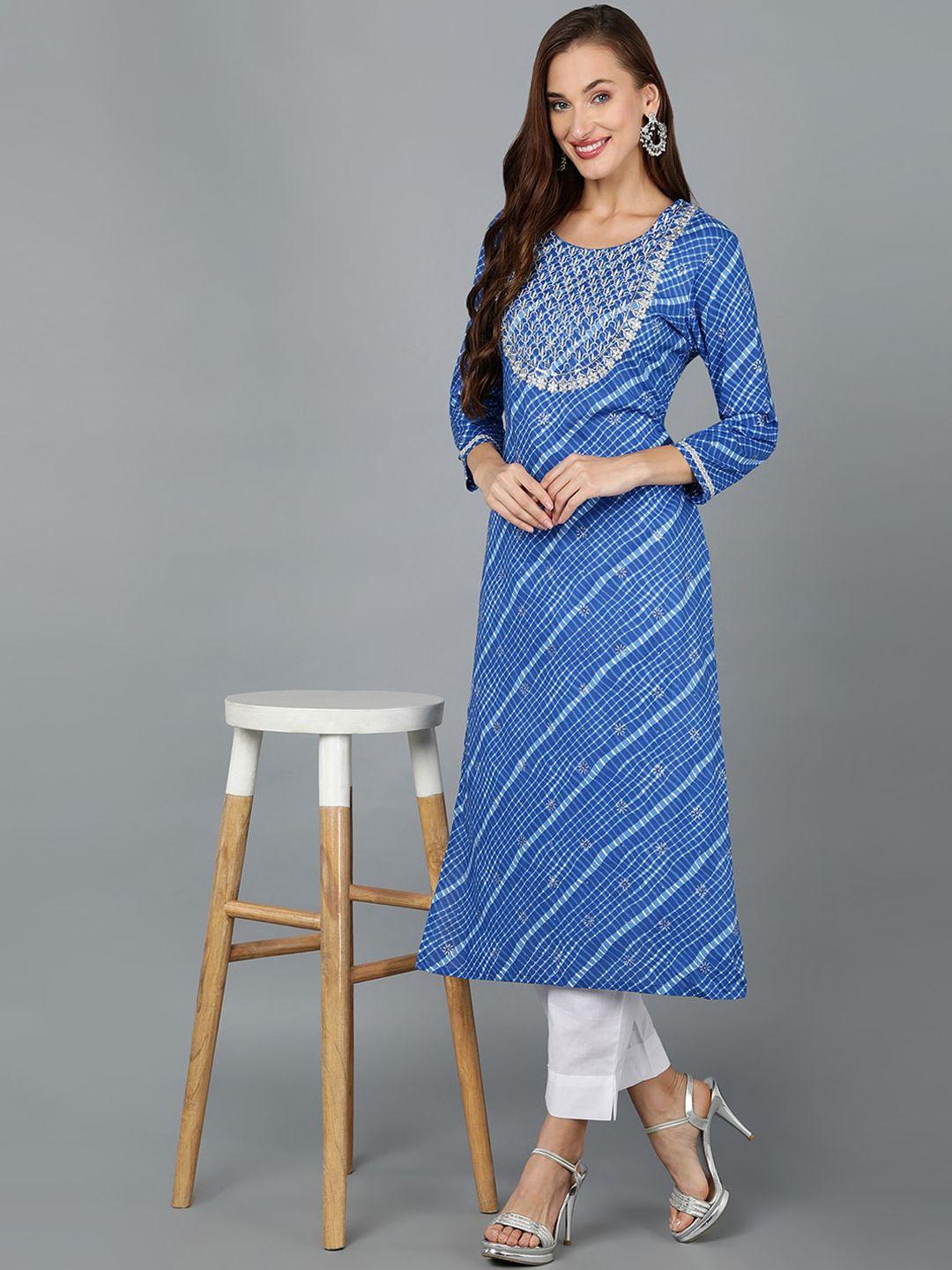 ahika blue & white printed thread work cotton kurta