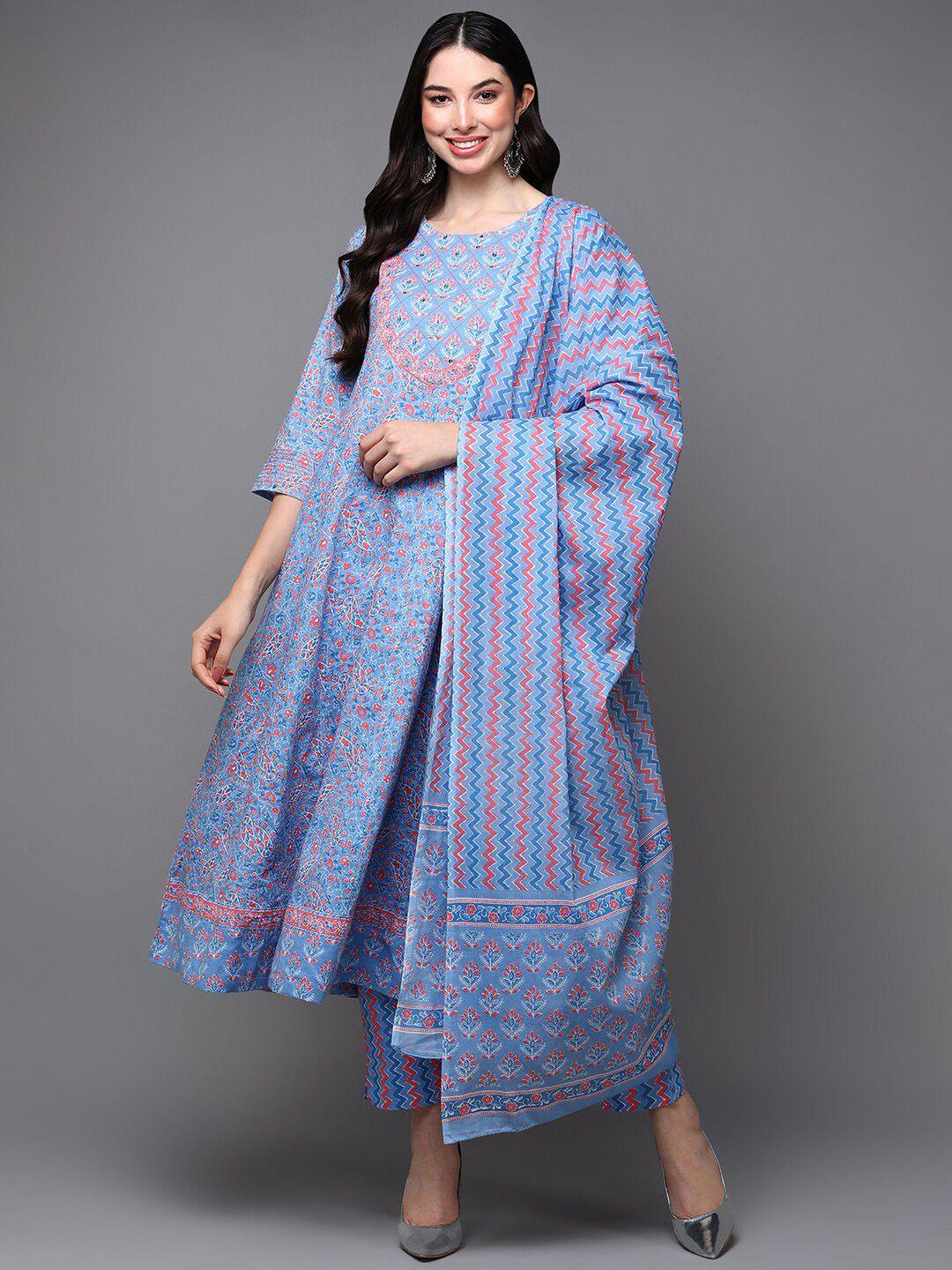 ahika blue ethnic motifs printed anarkali pure cotton kurta & trousers with dupatta