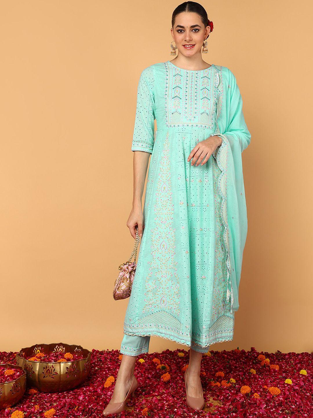 ahika blue floral embroidered pure cotton anarkali kurta & trouser with dupatta