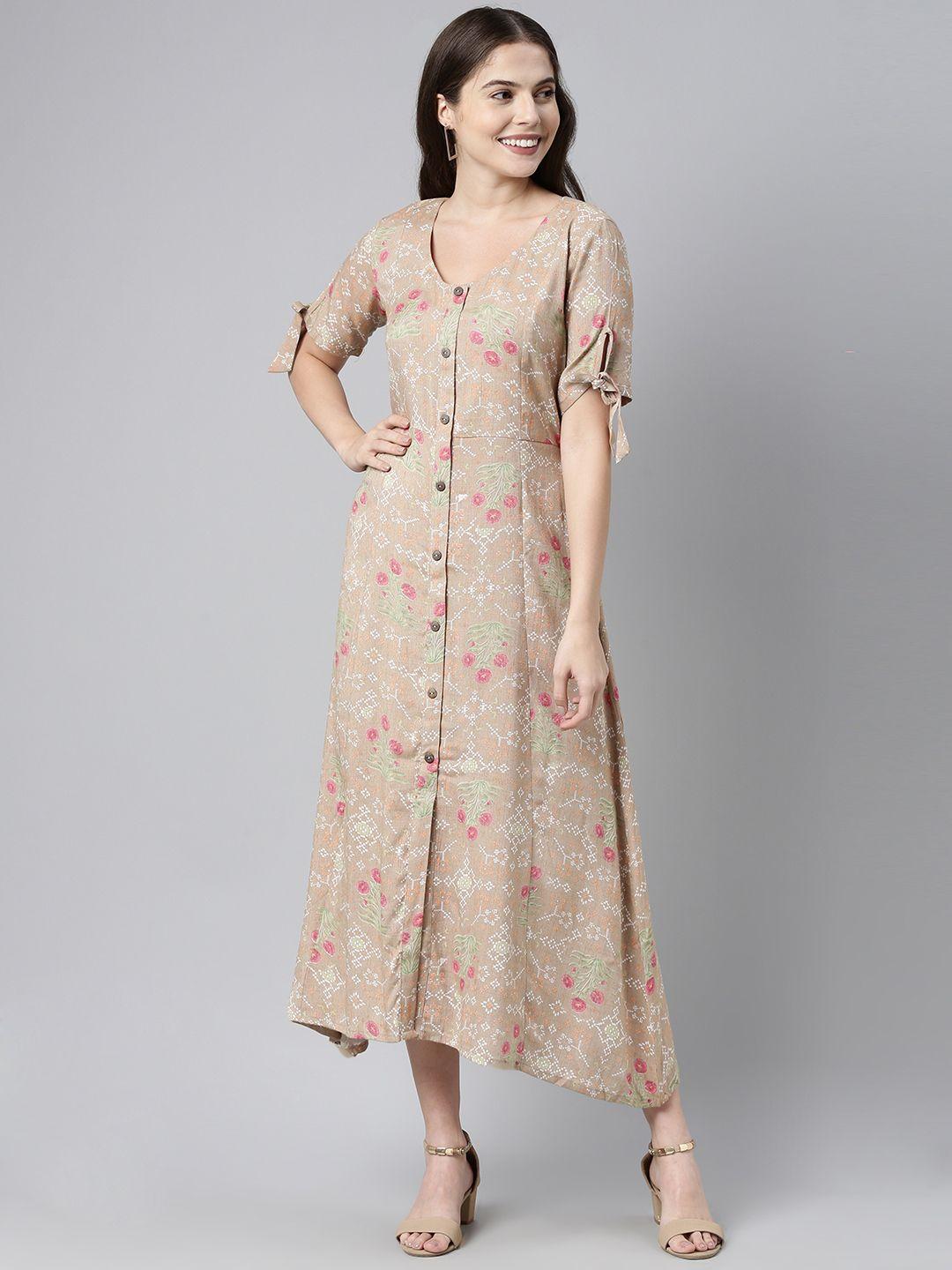 ahika brown & pink floral print a-line midi dress