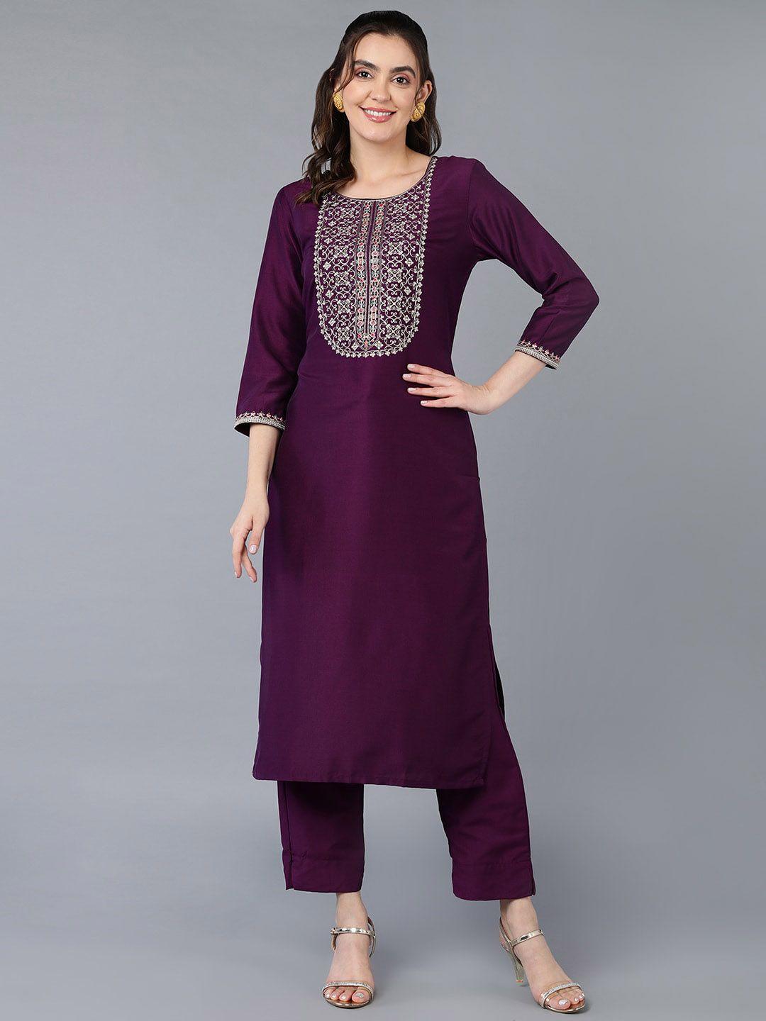 ahika burgundy floral yoke design embroidered straight kurta