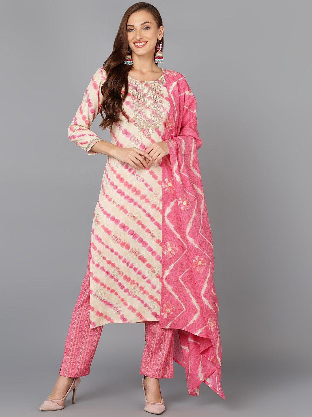 ahika cream-coloured & pink ethnic motifs embroidered kurta with trousers & dupatta