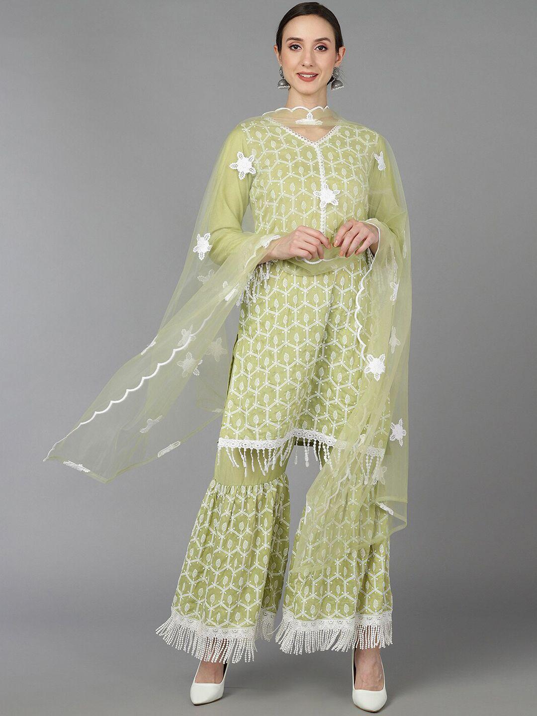 ahika embroidered chikankari straight kurta with sharara & with dupatta