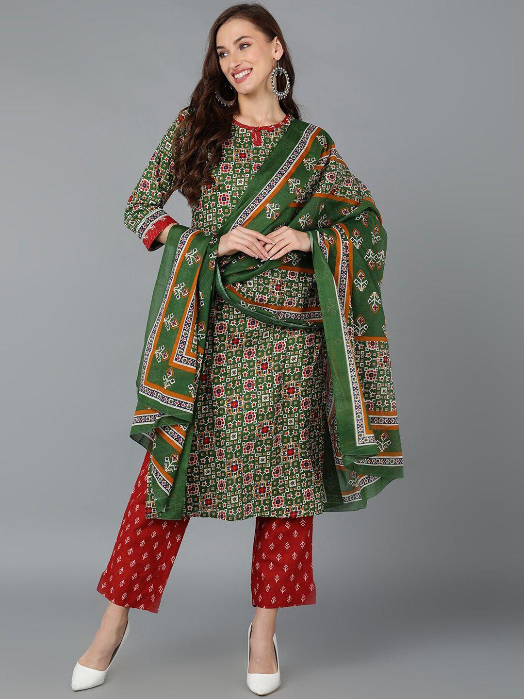 ahika ethnic motif printed keyhole neck pure cotton kurta with trousers & dupatta