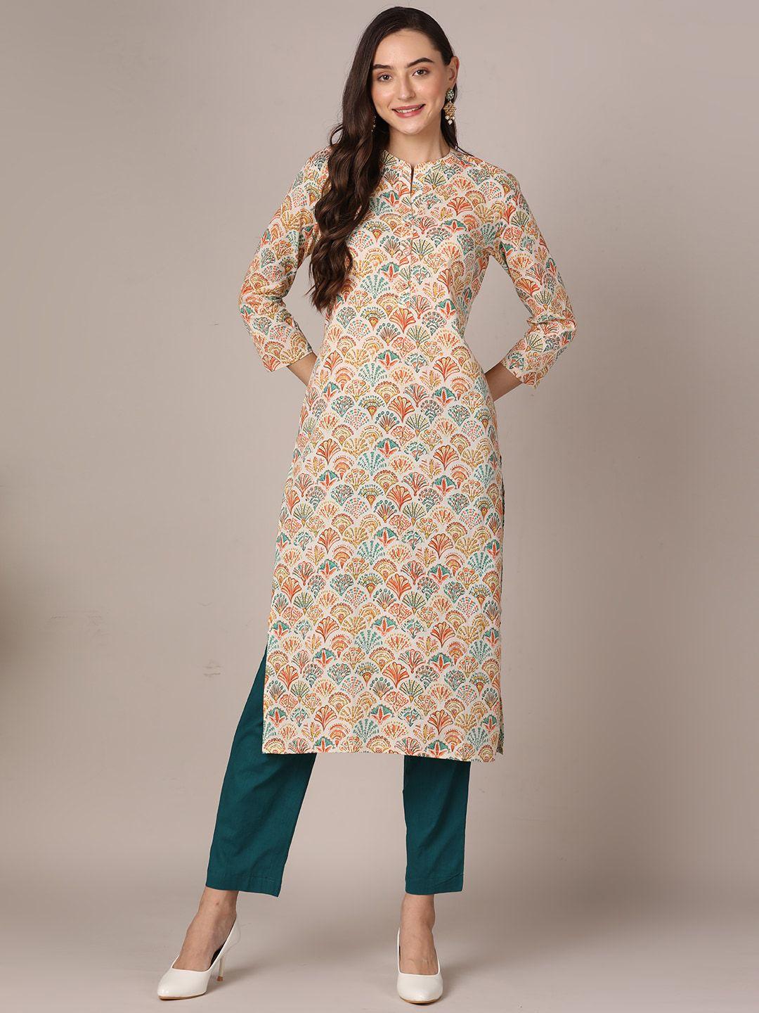 ahika ethnic motif printed mandarin collar cotton straight kurta