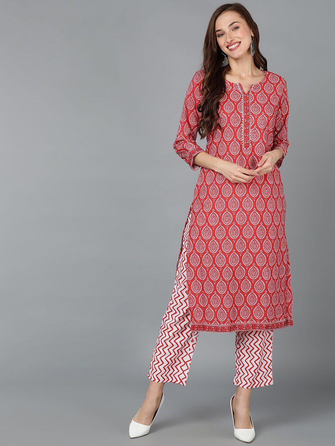 ahika ethnic motif printed notched neck kurta with trousers