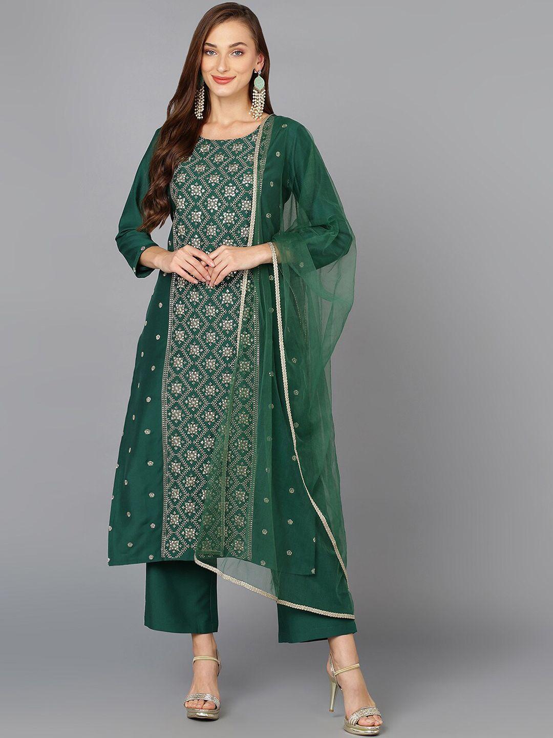 ahika ethnic motifs embroidered regular kurta with trousers & with dupatta