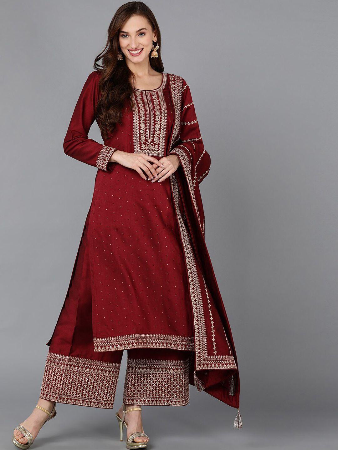 ahika ethnic motifs embroidered sequinned kurta with palazzos & with dupatta