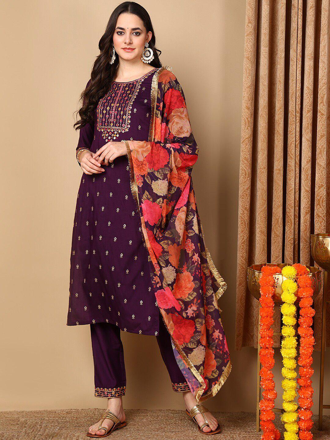 ahika ethnic motifs embroidered sequinned kurta with trousers & dupatta