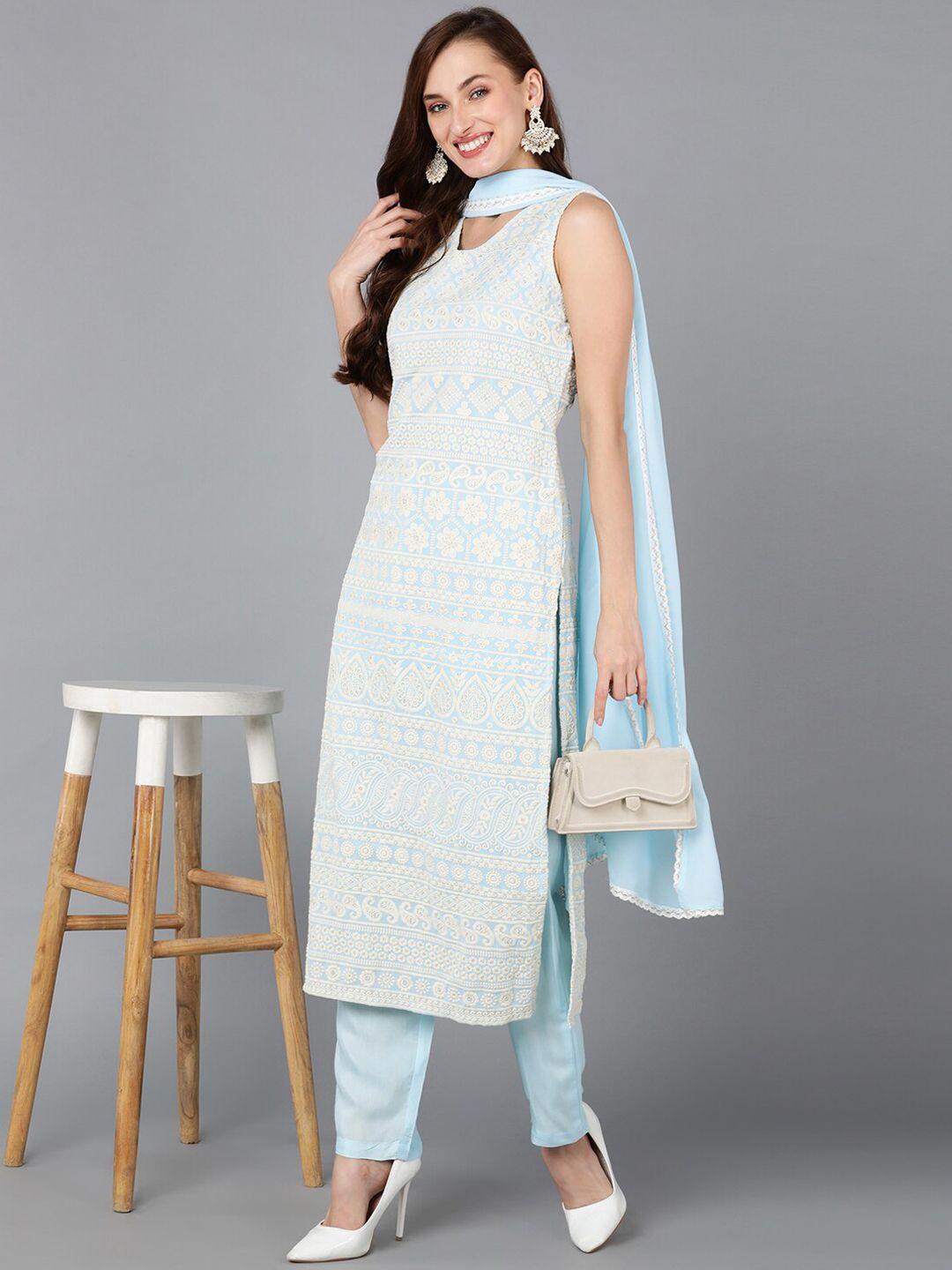 ahika ethnic motifs embroidered v neck chikankari kurta with trousers & dupatta