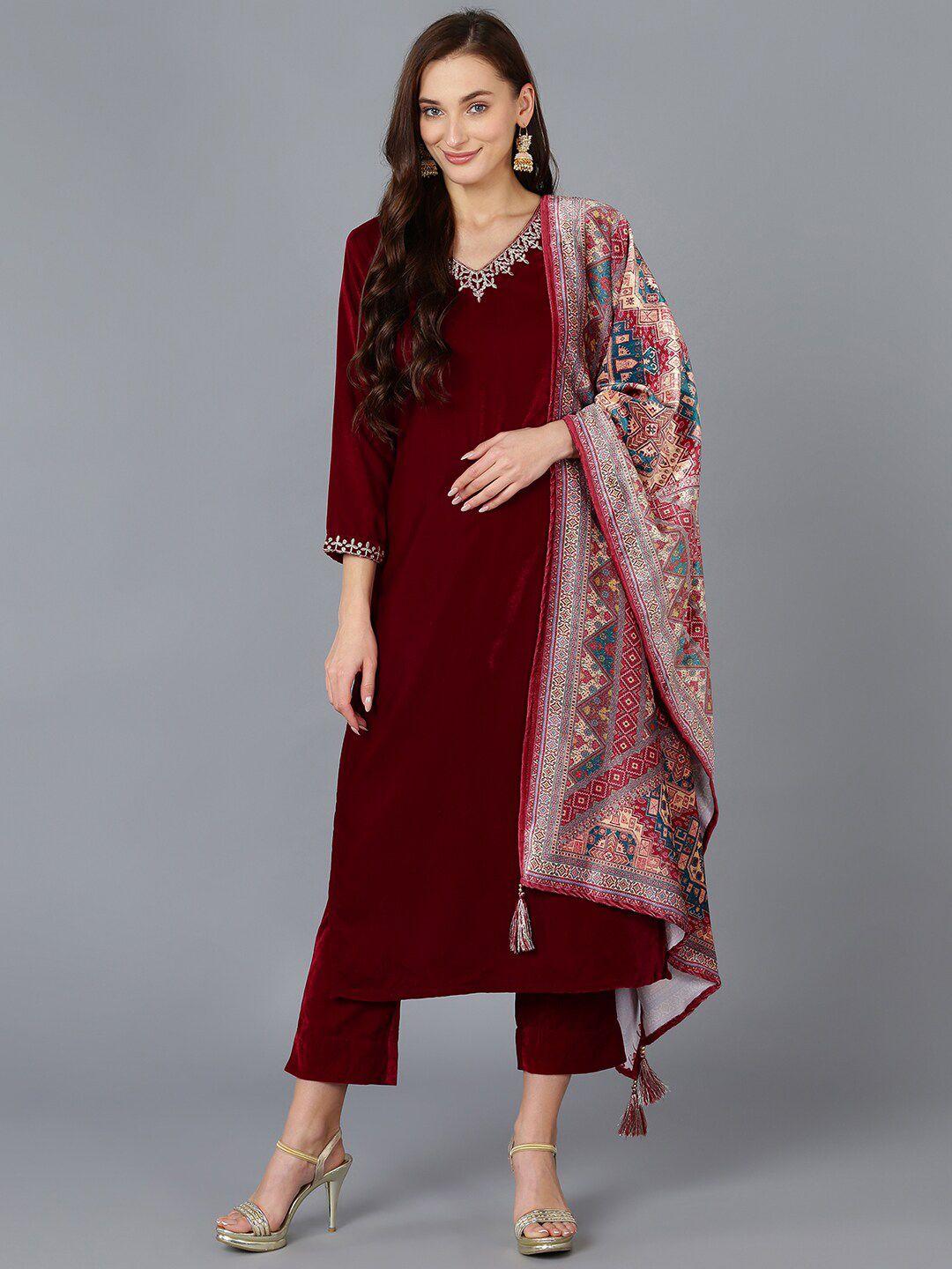 ahika ethnic motifs embroidered velvet kurta with trousers & with dupatta