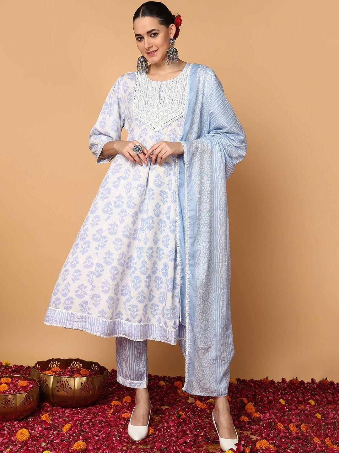 ahika ethnic motifs printed empire thread work kurta with trousers & dupatta