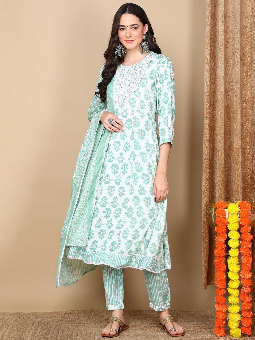 ahika ethnic motifs printed empire thread work kurta with trousers & with dupatta