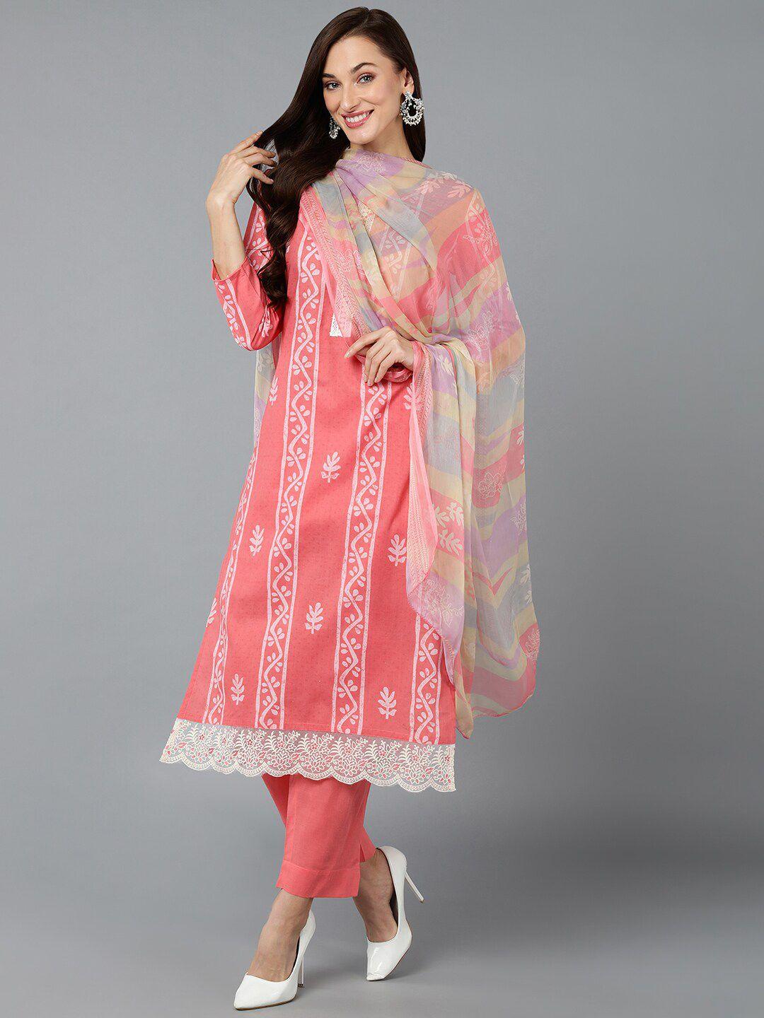 ahika ethnic motifs printed lace-insert hem kurta with trousers & dupatta