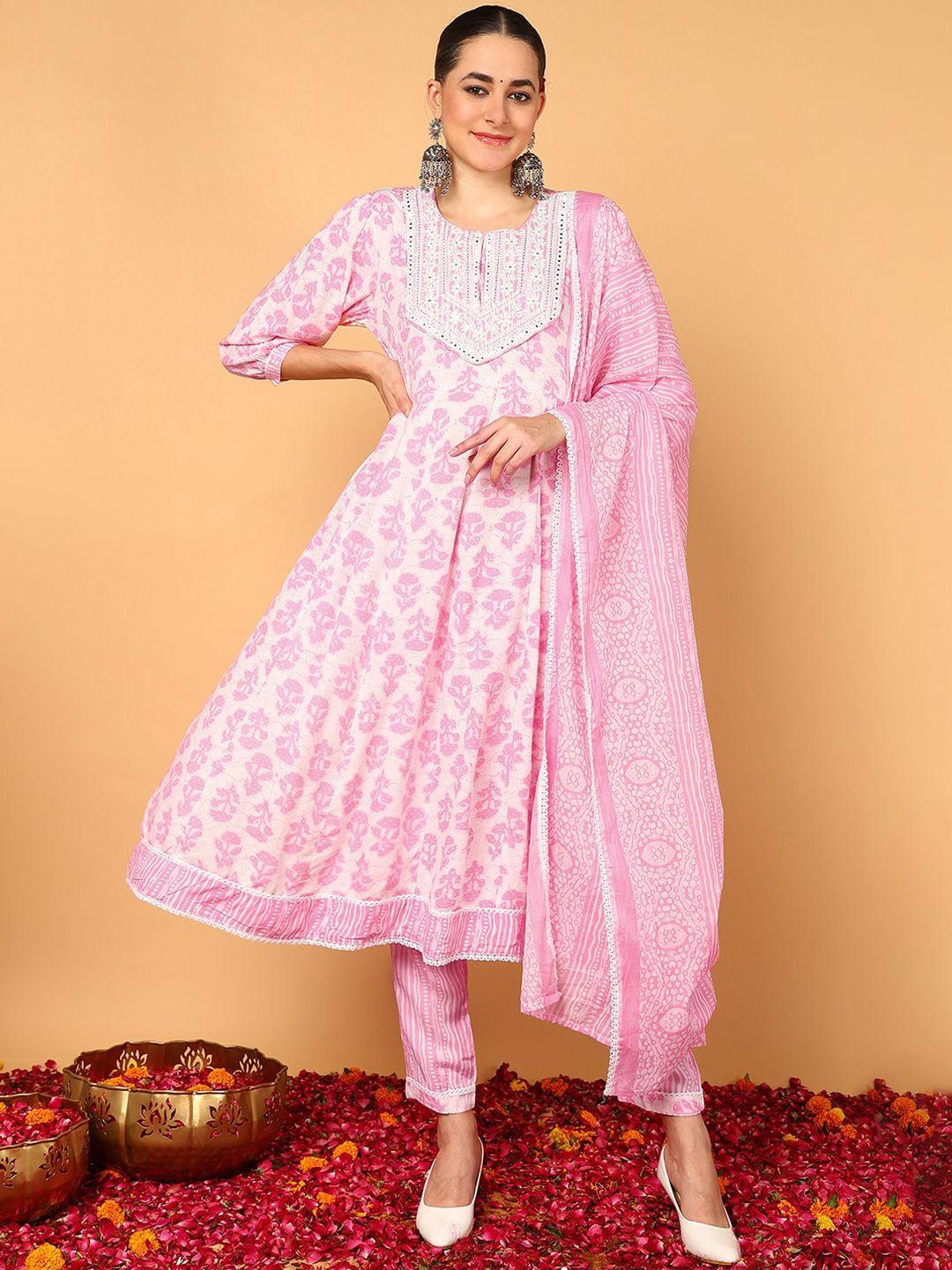 ahika ethnic motifs printed mirror work anarkali kurta with trousers & dupatta