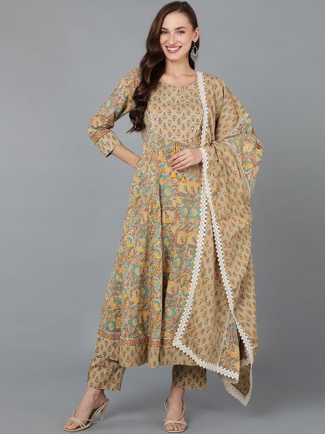 ahika ethnic motifs printed mirror work anarkali pure cotton kurta with trousers & dupatta