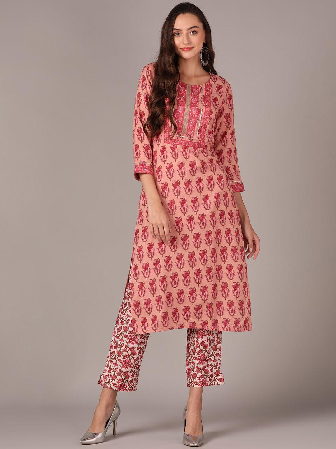 ahika ethnic motifs printed pure cotton round neck straight kurta with trousers