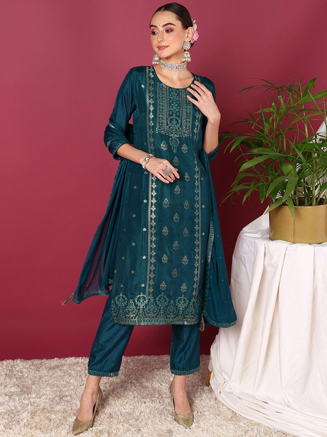 ahika ethnic motifs printed regular kurta with trousers & dupatta