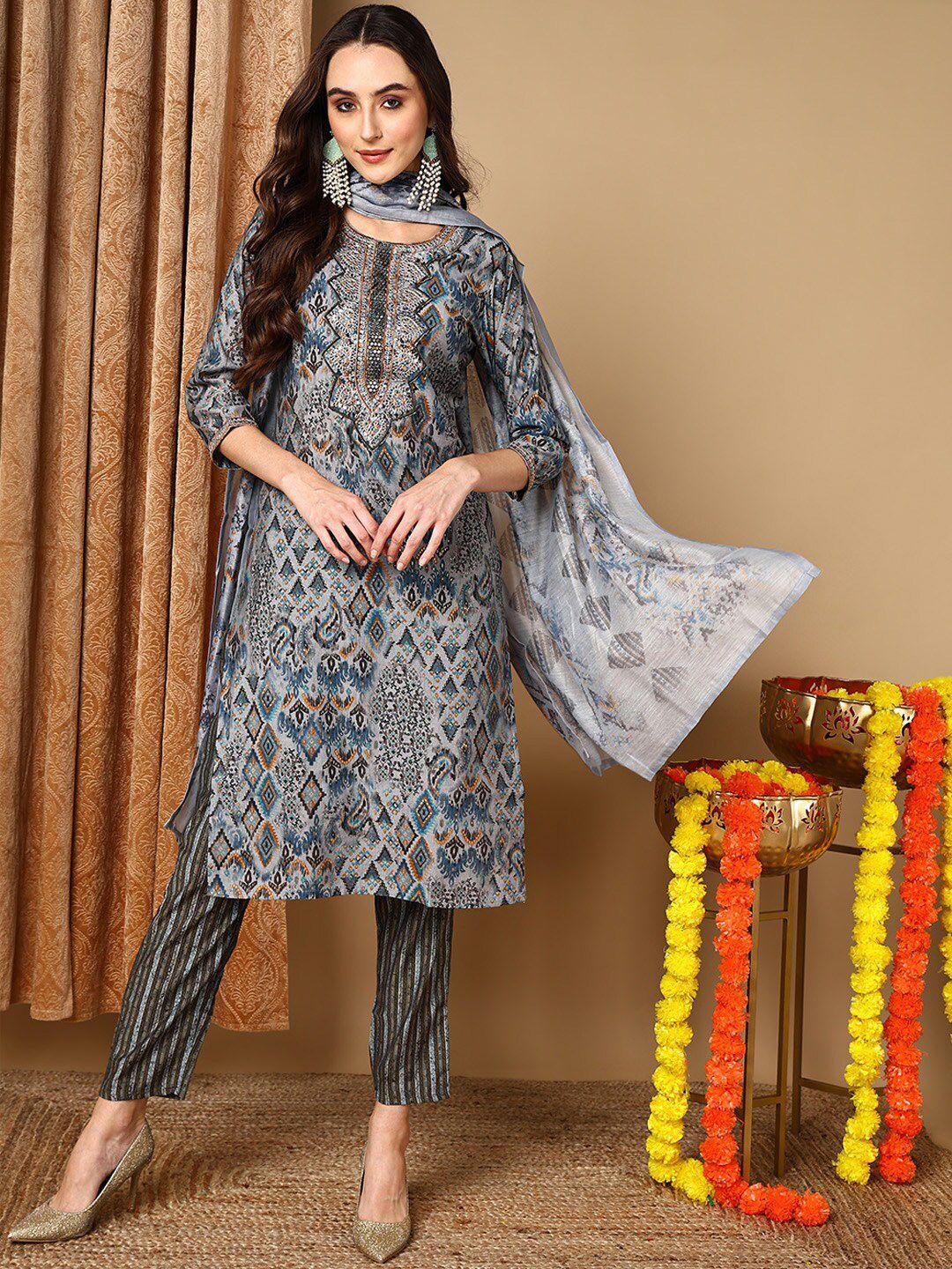 ahika ethnic motifs printed regular pure cotton kurta with trousers & with dupatta