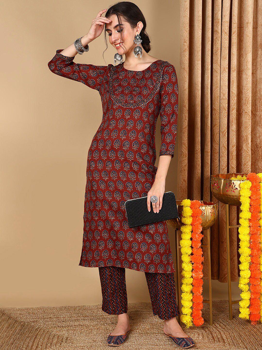 ahika ethnic motifs printed round neck gotta patti straight kurta with trousers