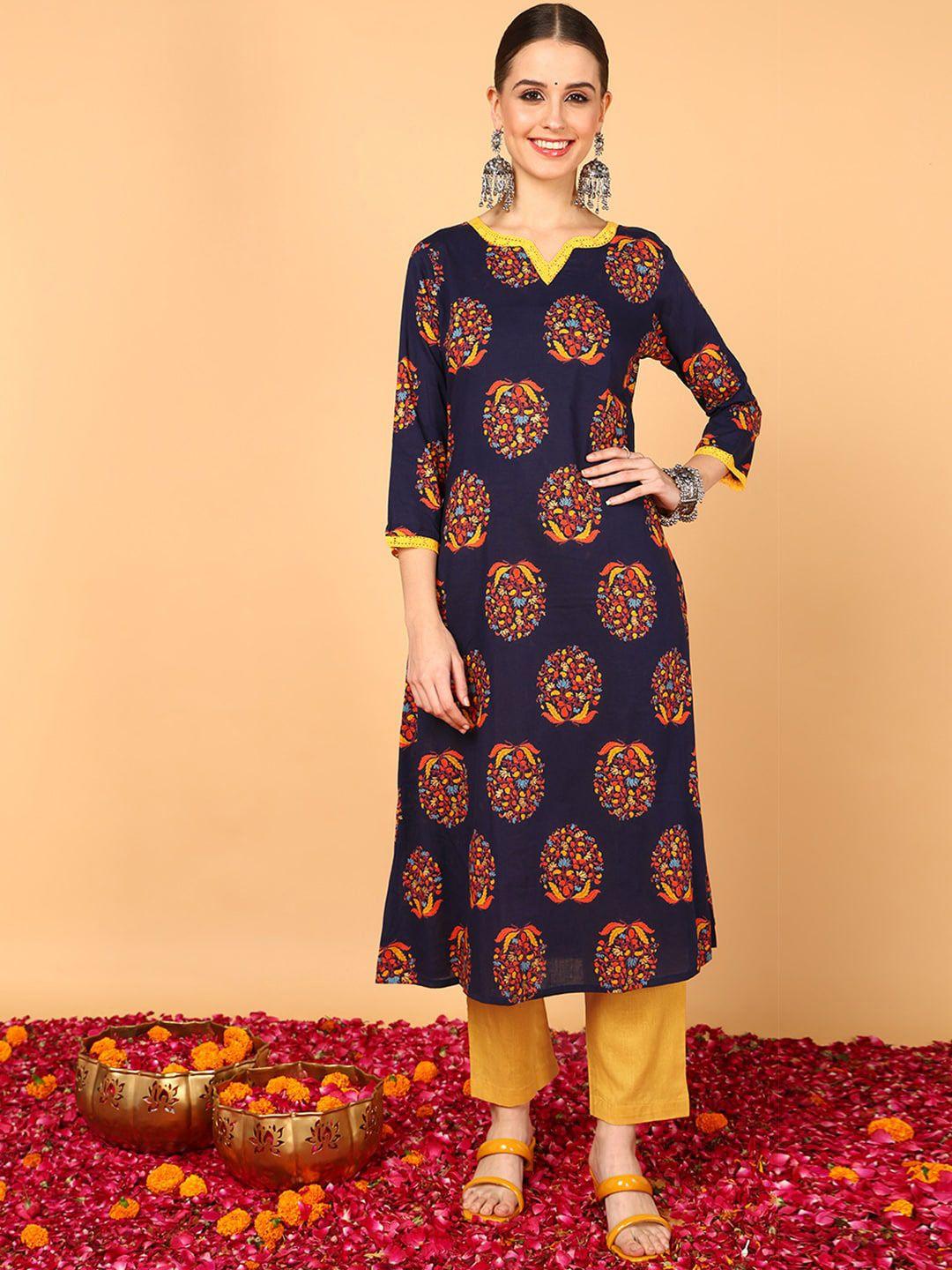 ahika ethnic motifs printed round neck regular a-line cotton kurta