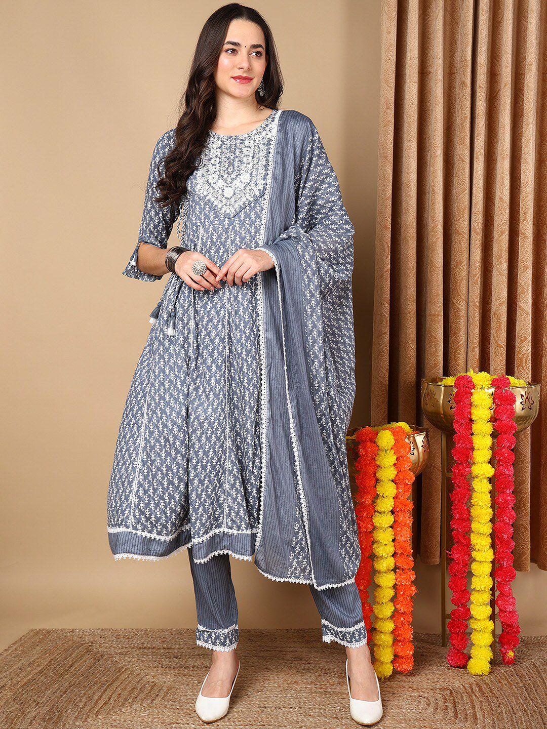 ahika ethnic motifs printed thread work anarkali kurta with trousers & dupatta