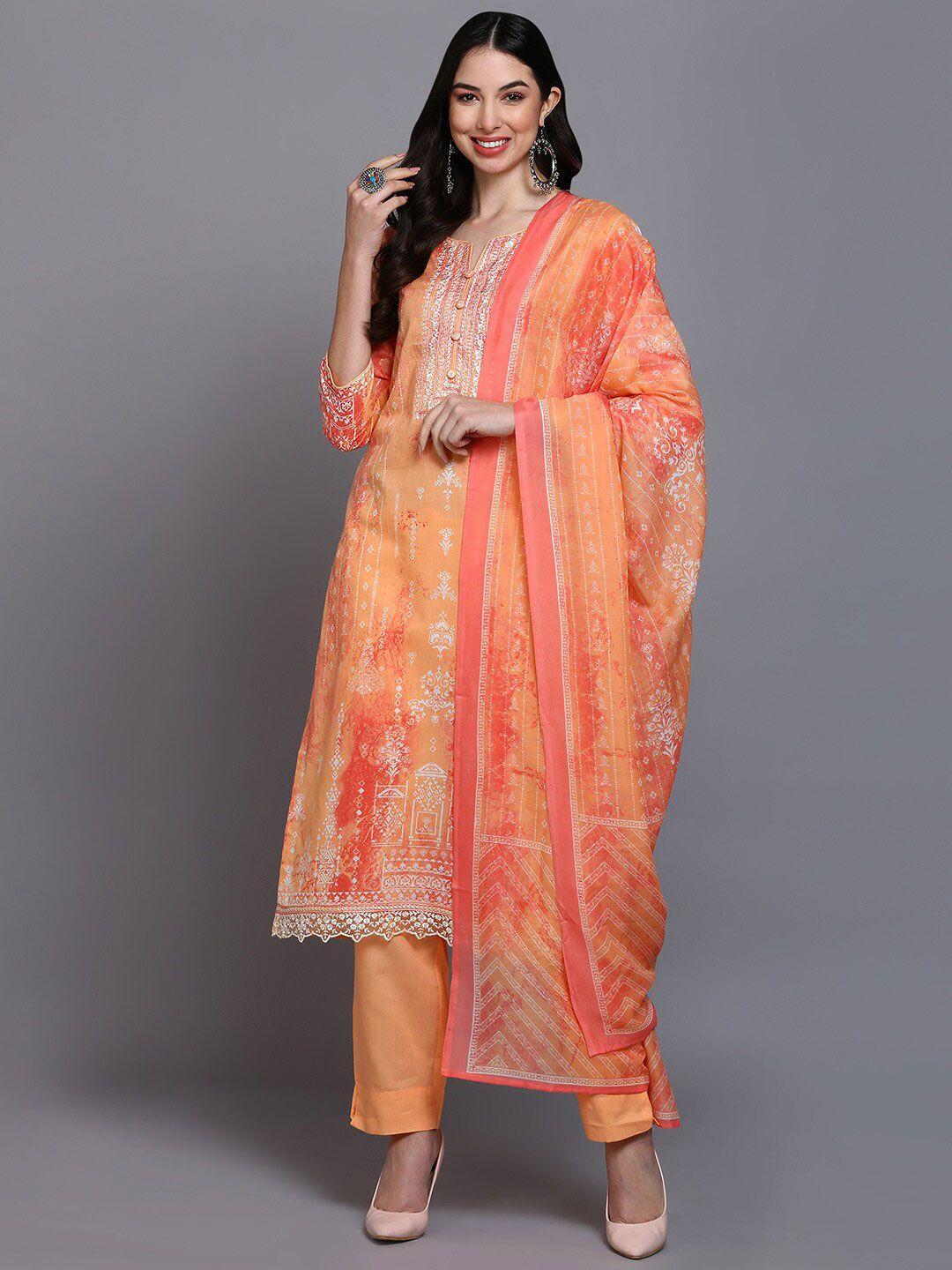 ahika ethnic motifs printed thread work pure cotton kurta with trousers & with dupatta