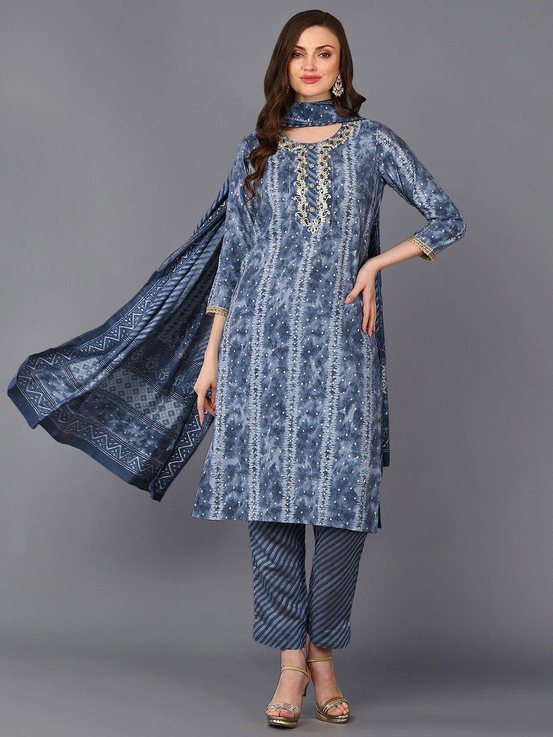 ahika ethnic motifs printed thread work straight kurta with trouser & dupatta