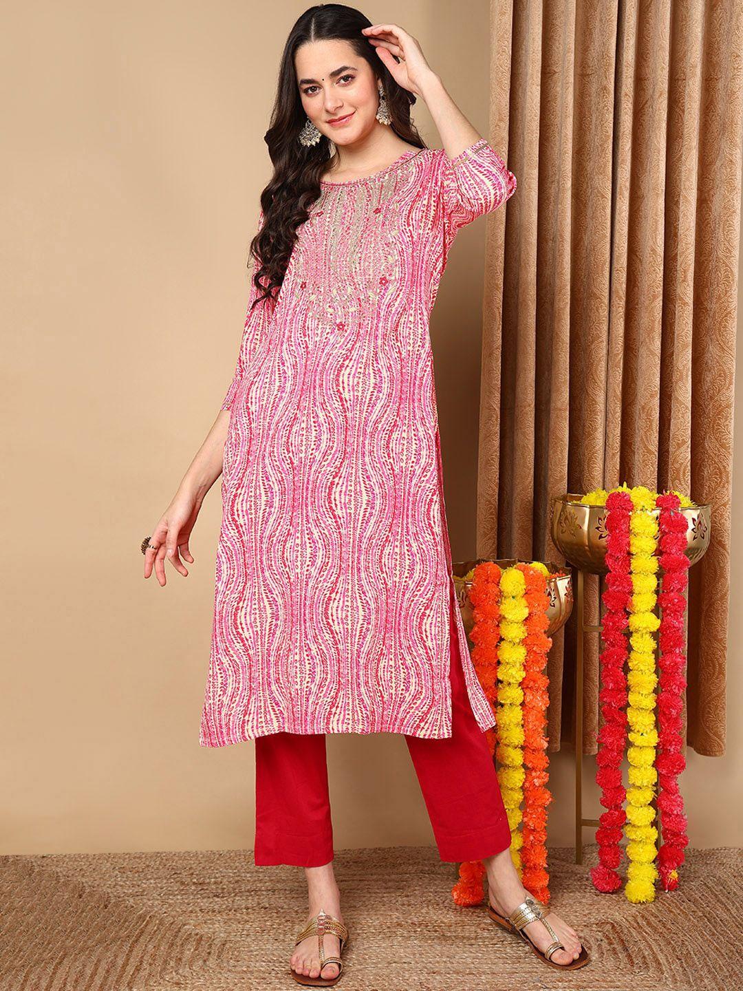 ahika ethnic motifs printed thread work straight kurta