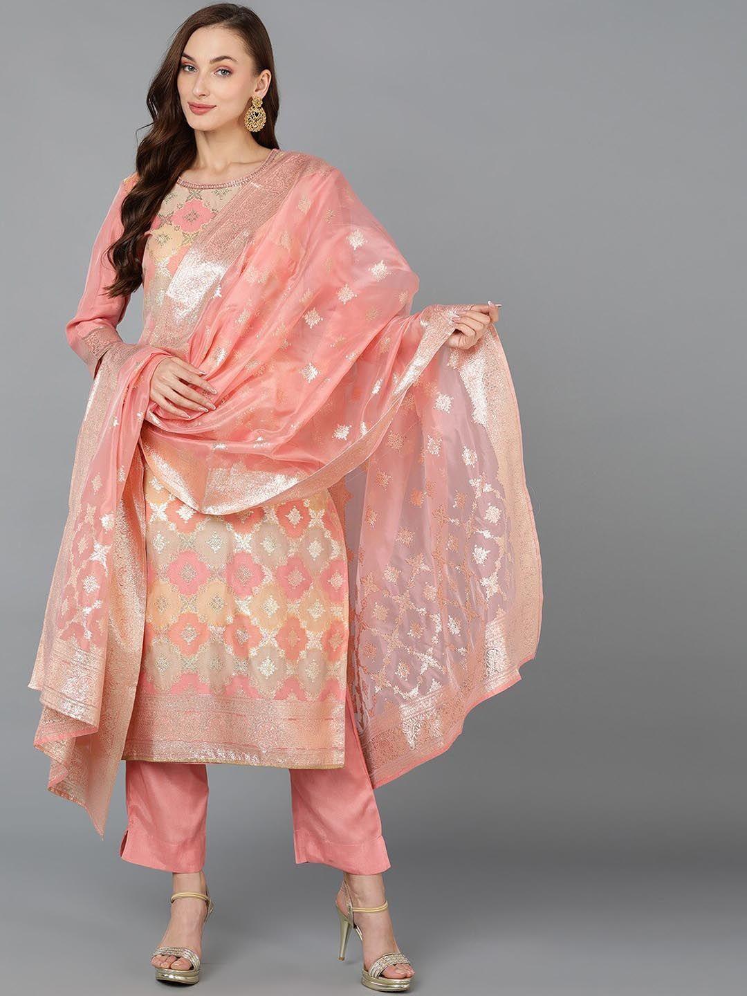 ahika ethnic motifs woven design sequinned straight kurta with trousers & dupatta