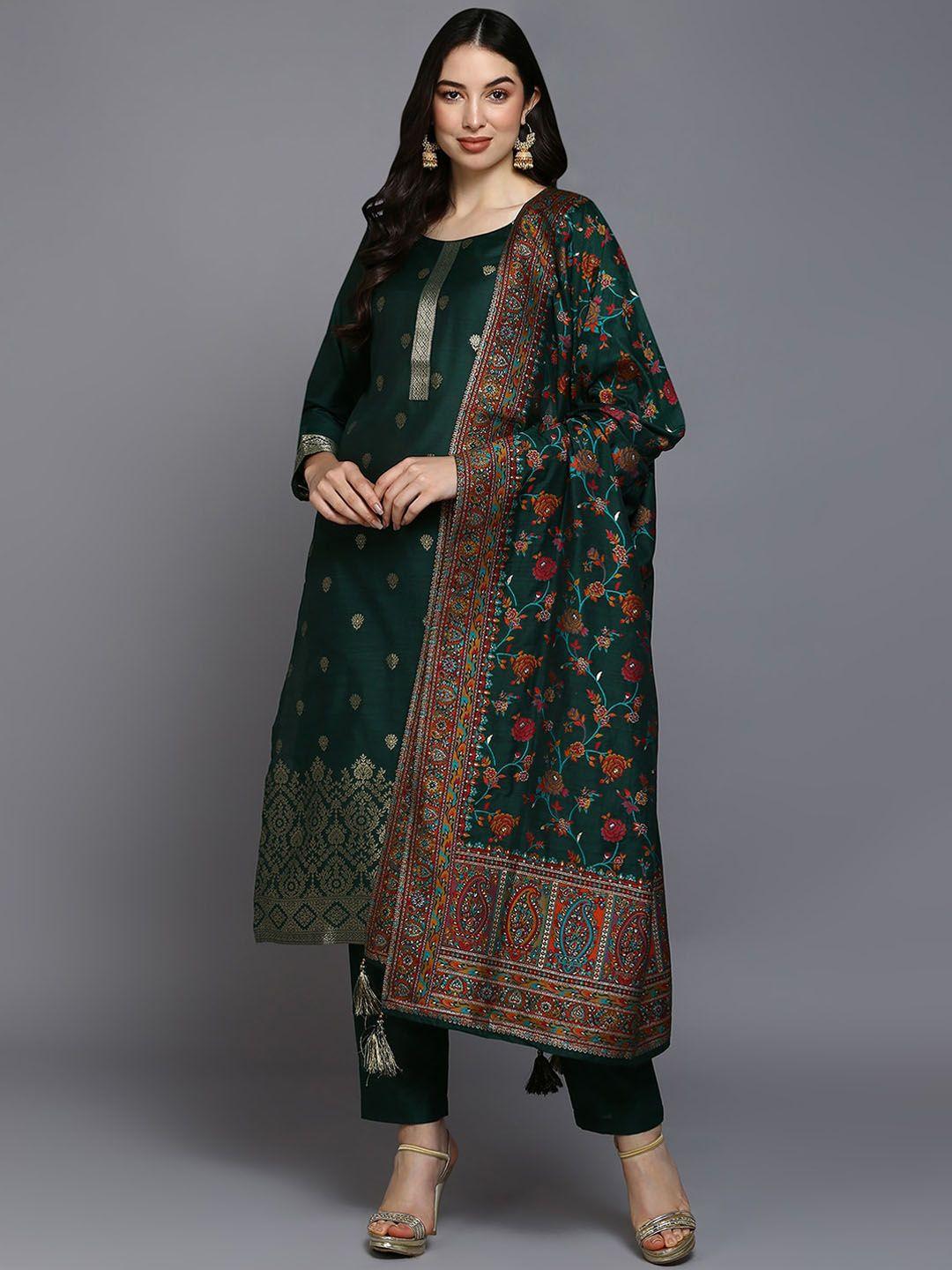 ahika ethnic motifs woven design zari straight kurta with trousers & dupatta