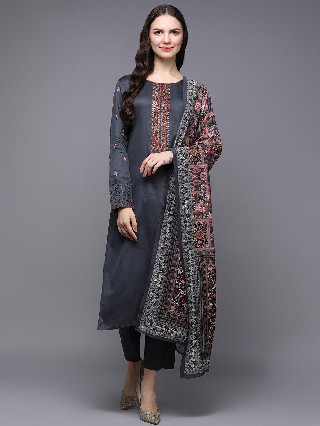 ahika ethnic motifs yoke design embroidered pure cotton kurta with trousers & dupatta