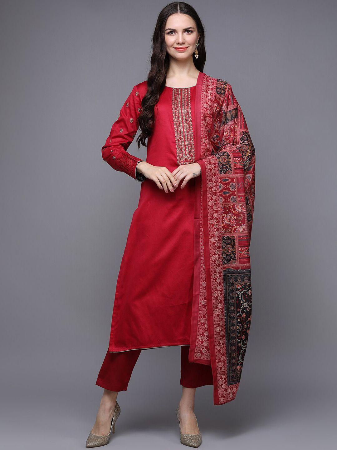 ahika ethnic motifs yoke design thread work pure cotton kurta with trousers & dupatta
