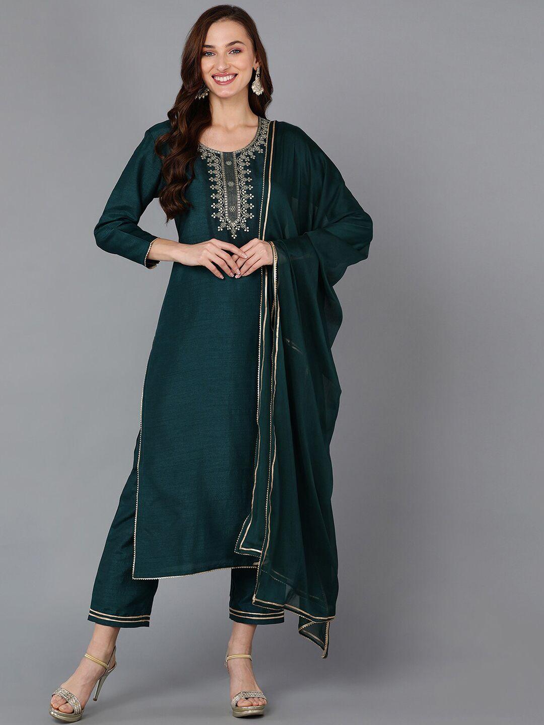 ahika ethnic motifs yoke design zari detail sequinned kurta with trousers & dupatta