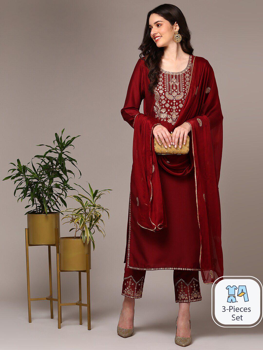 ahika ethnic motifs yoke design zari regular kurta with trousers & dupatta