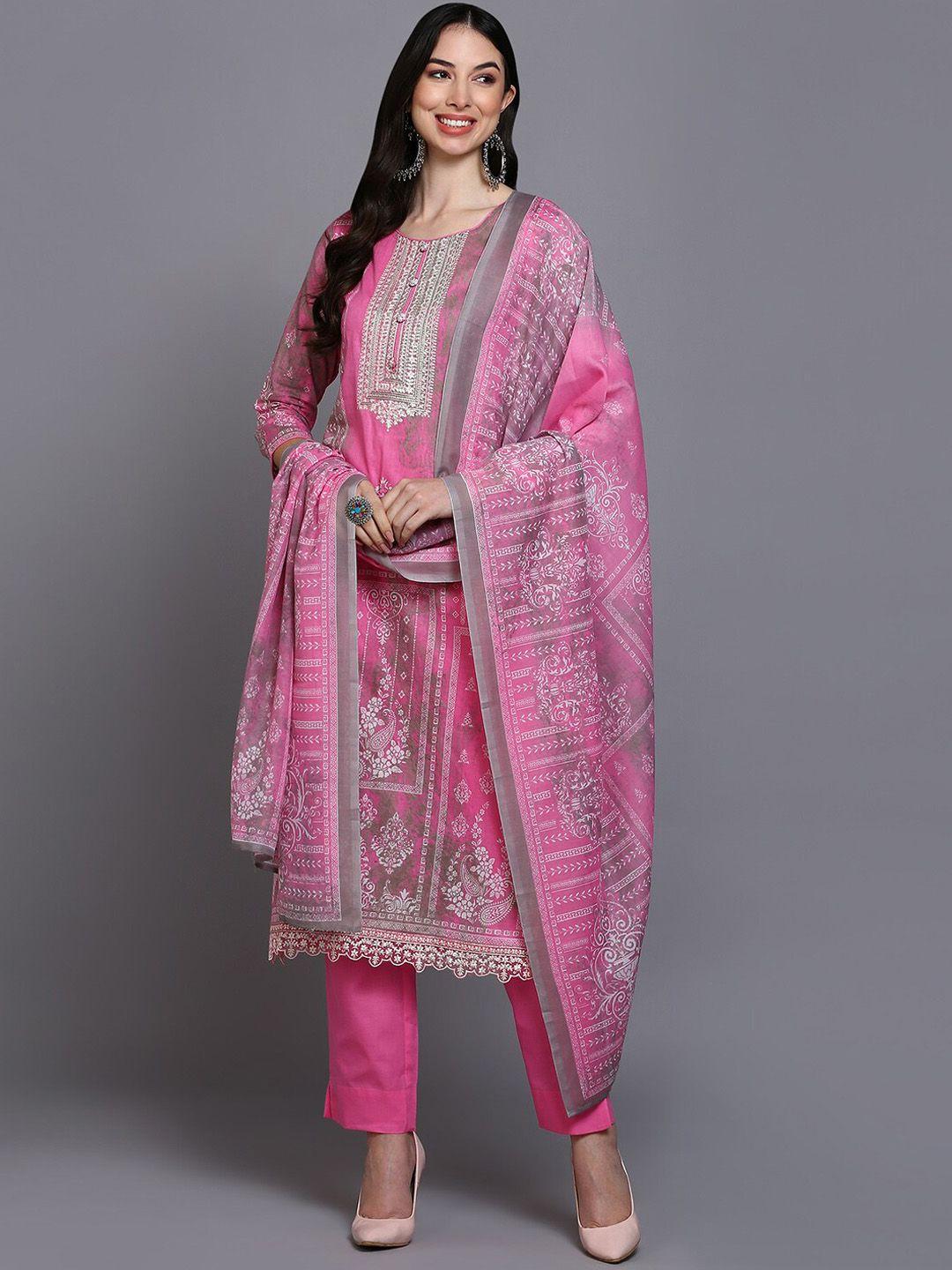 ahika ethnic printed thread work pure cotton straight kurta with trousers & with dupatta