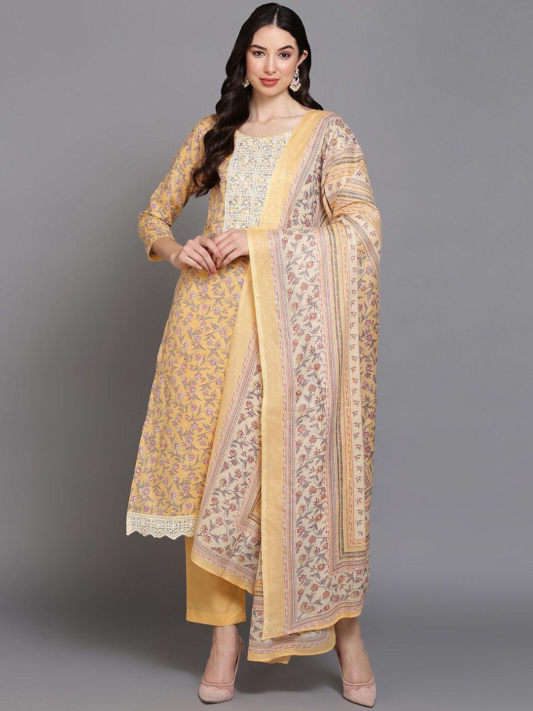 ahika ethnic printed thread work straight kurta with trousers & with dupatta