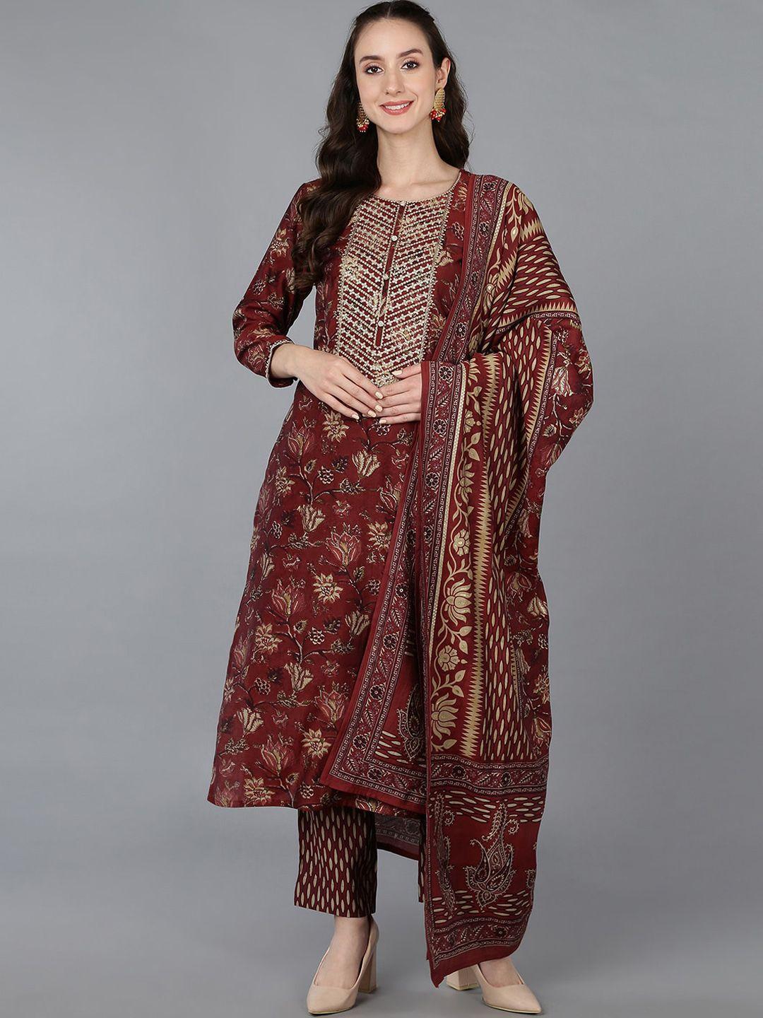 ahika floral embroidered  kurta with trousers & with dupatta