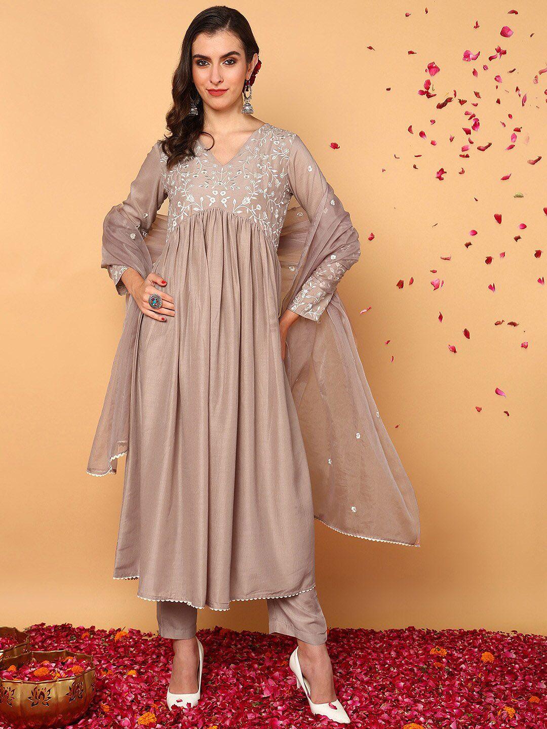 ahika floral embroidered empire kurta with trousers & dupatta