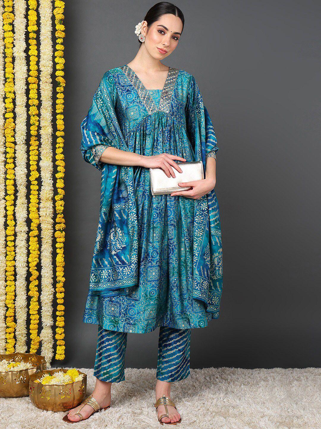 ahika floral embroidered empire three-quarter sleeves thread work kurta set