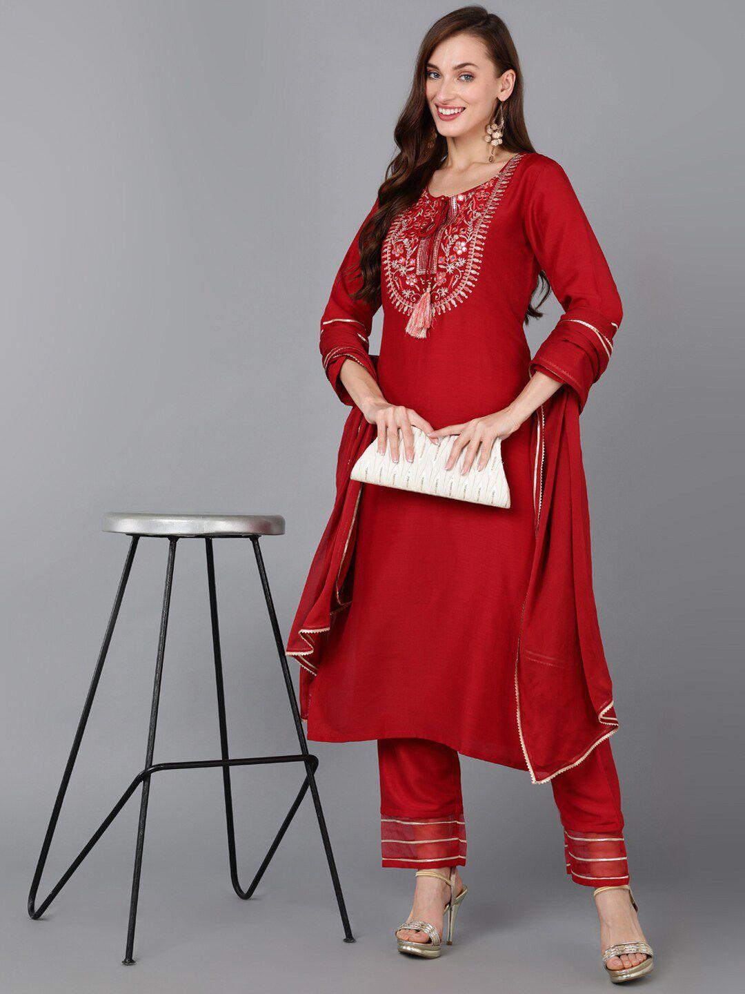 ahika floral embroidered mirror work kurta with trousers & with dupatta