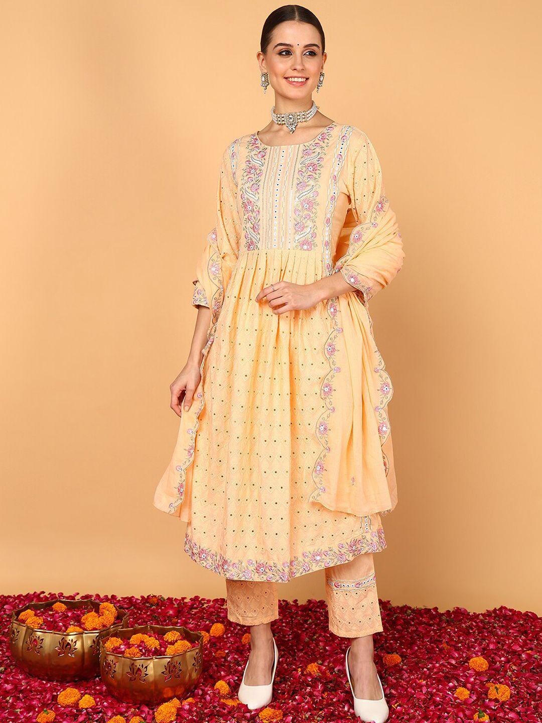 ahika floral embroidered mirror work pure cotton kurta with trousers & dupatta