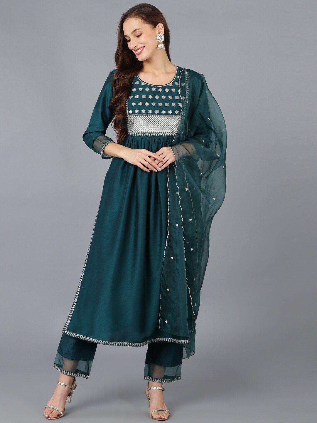 ahika floral embroidered pleated sequinned kurta with trousers & with dupatta