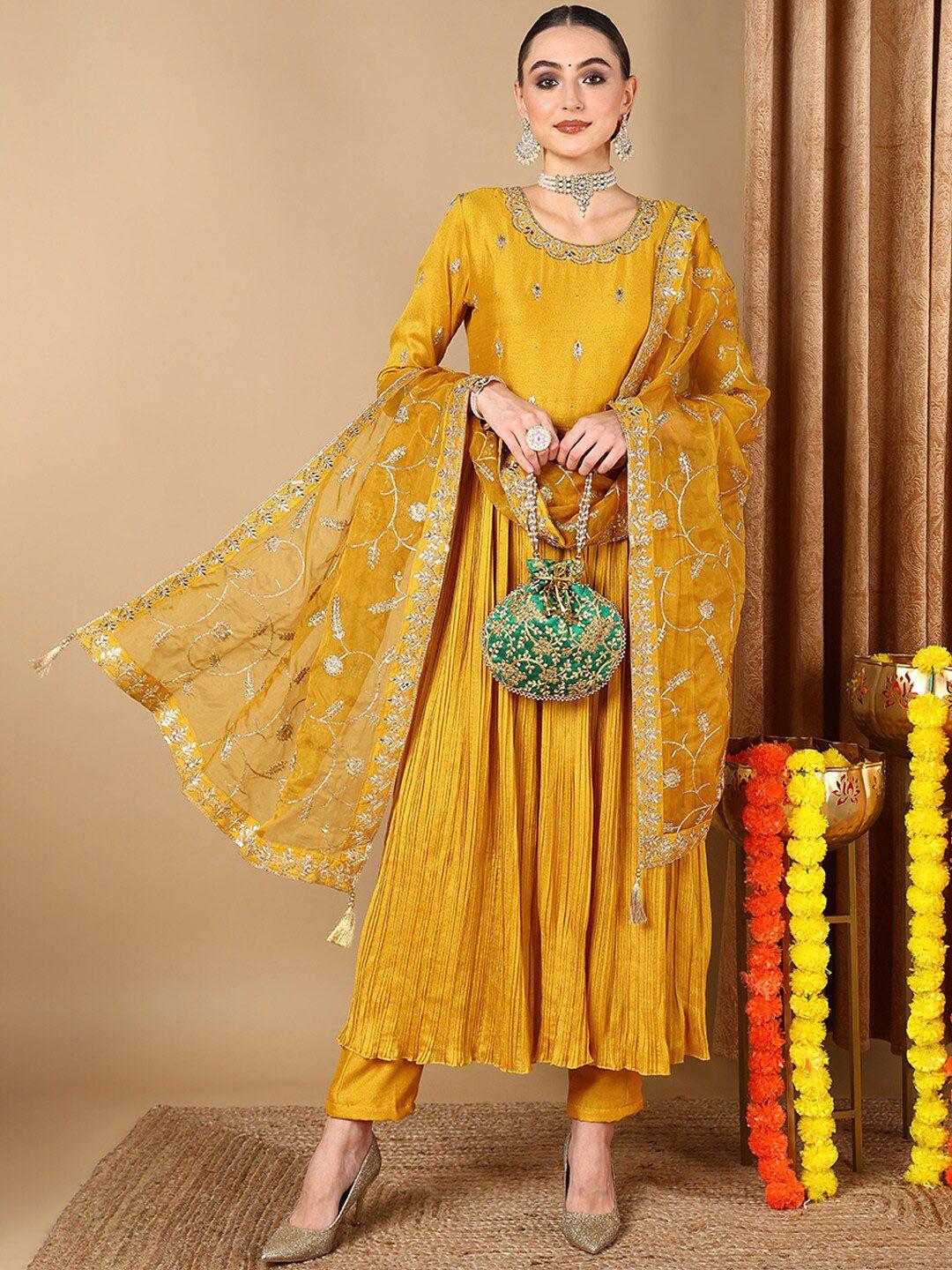 ahika floral embroidered sequinned empire kurta with trousers & dupatta