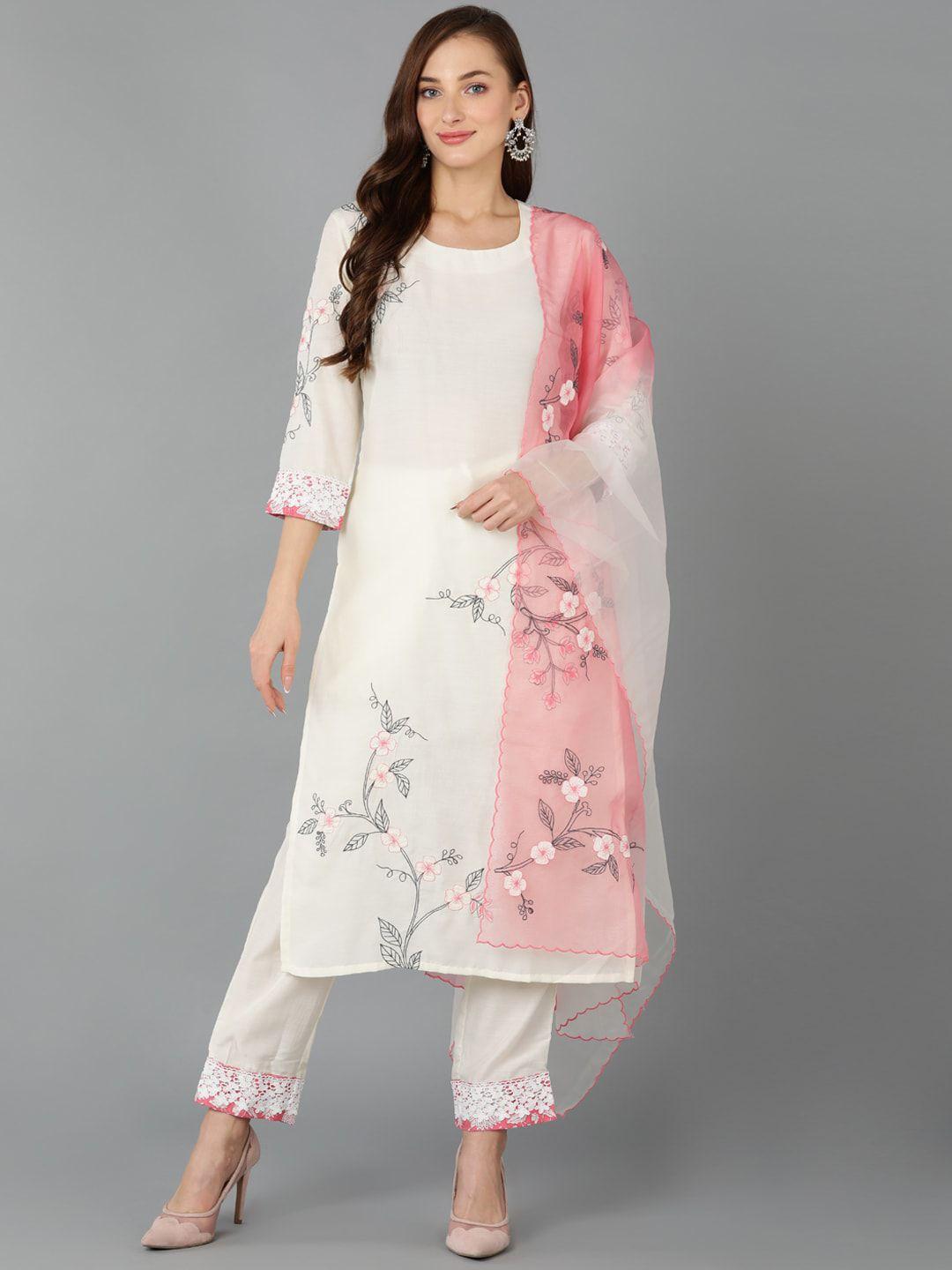 ahika floral embroidered straight kurta with trousers & dupatta